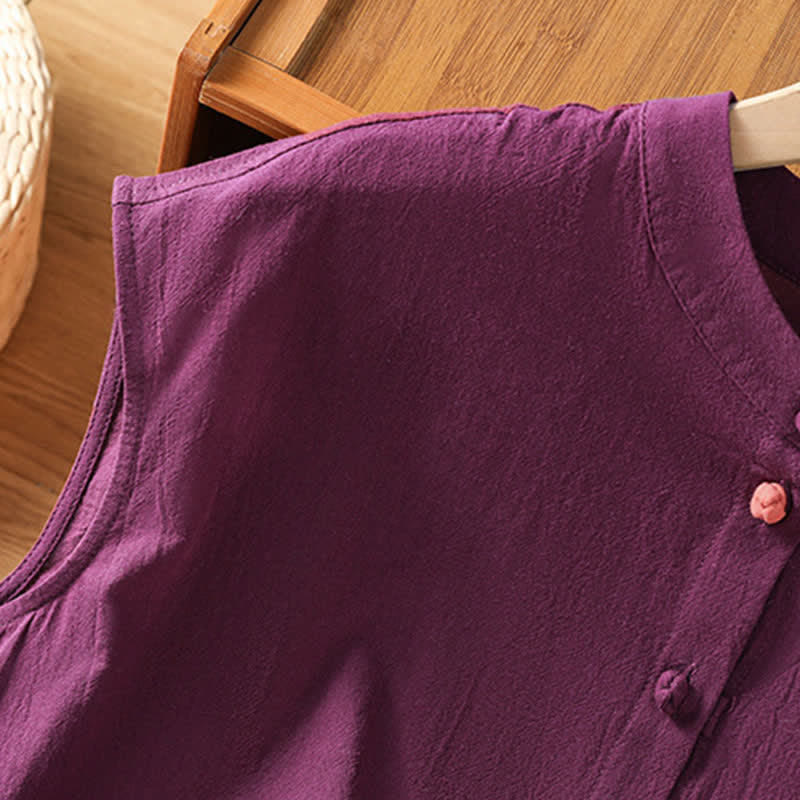 Buddha Stones Camiseta sin mangas de mujer estilo Tang informal con cuello mandarín, botones y bolsillo de parche. - image 19