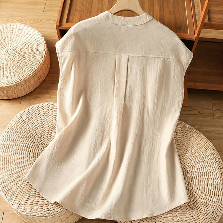 Buddha Stones Camiseta sin mangas de mujer estilo Tang informal con cuello mandarín, botones y bolsillo de parche. - image 1