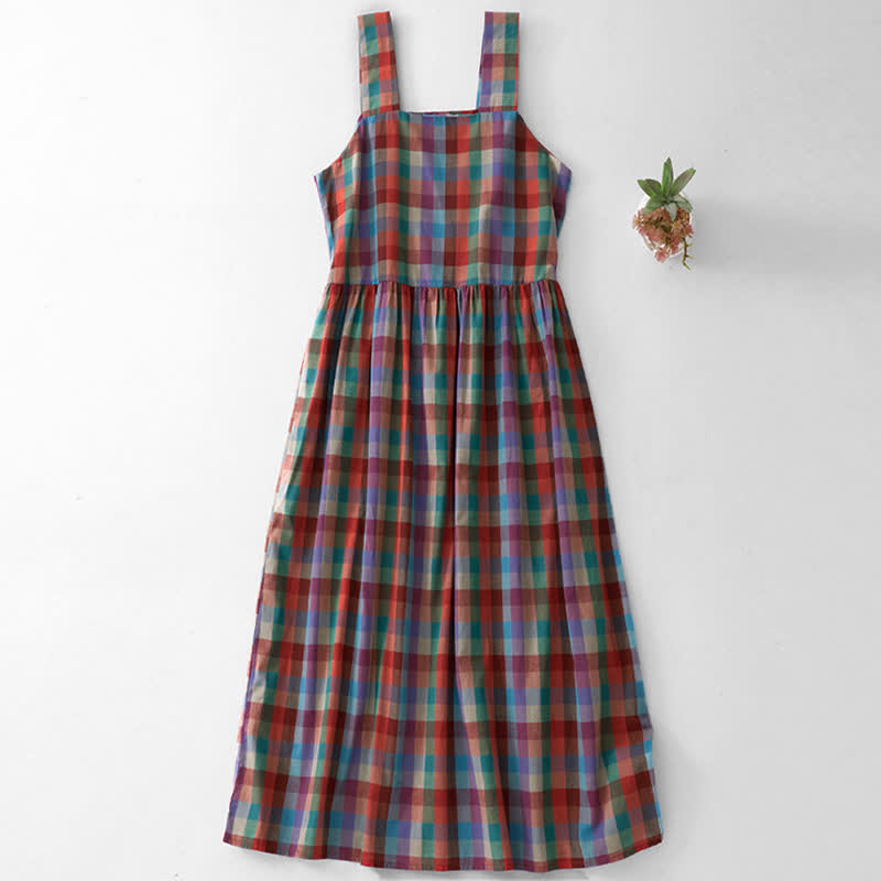 Buddha Stones Vestido de verano informal vintage con cordón ajustable y estampado a cuadros arcoíris para mujer. - Tierra de siena - US8-10，UK/AU12-14，EU40-42 (2XL) - image 0