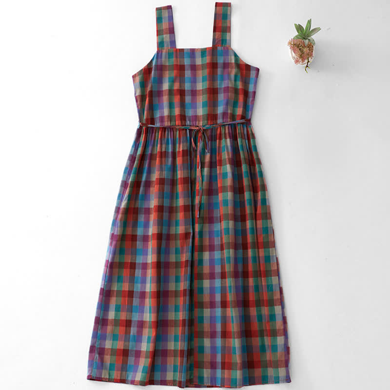 Buddha Stones Vestido de verano informal vintage con cordón ajustable y estampado a cuadros arcoíris para mujer. - image 1