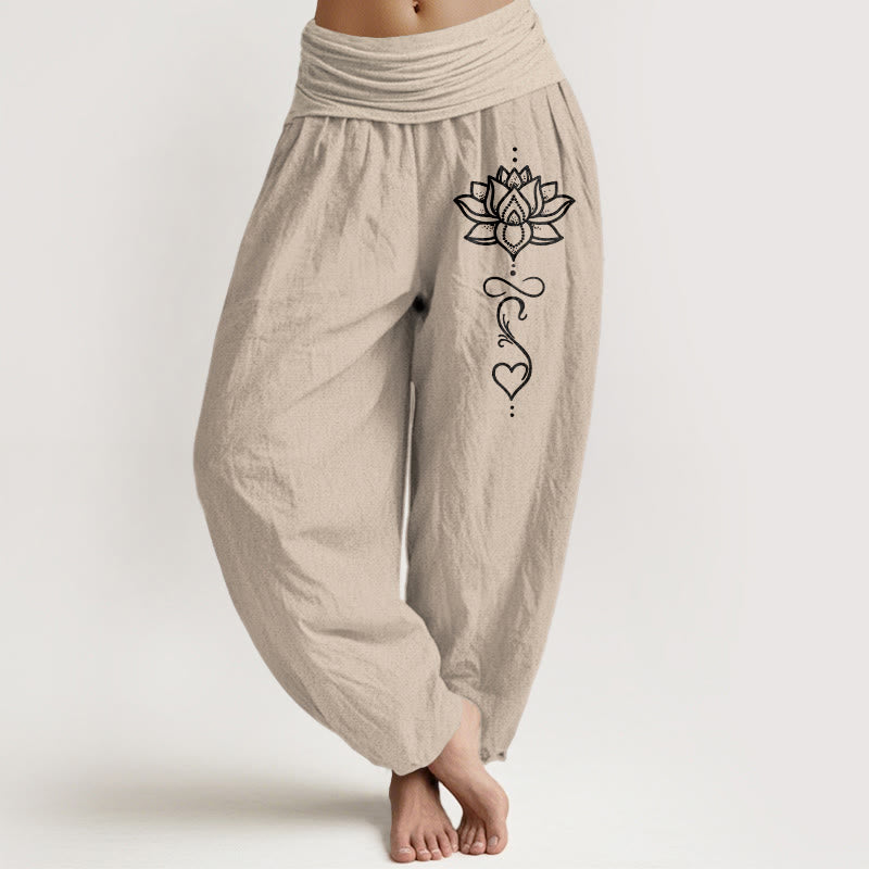 Buddha Stones Pantalones harem de mujer con cintura elástica y estampado de corazón de loto, de algodón puro. - Broncearse - US16，UK/AU20，EU48 (3XL) - image 11