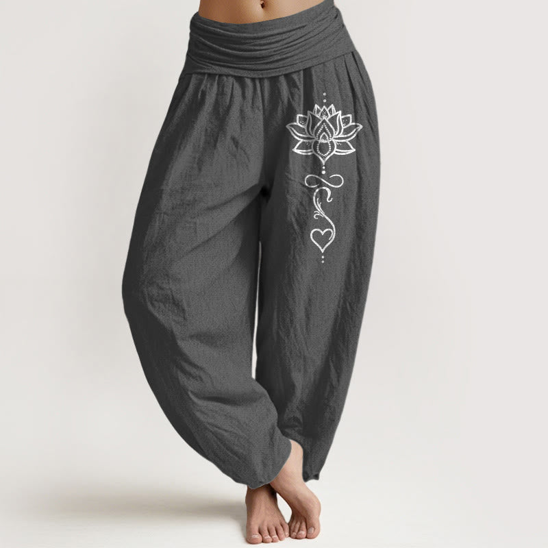 Buddha Stones Pantalones harem de algodón puro con estampado de corazón de loto y cintura elástica para mujer. - Gris oscuro - US16，UK/AU20，EU48 (3XL) - image 8