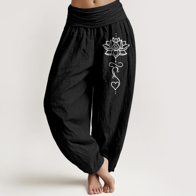 Buddha Stones Pantalones harem de algodón puro con estampado de corazón de loto y cintura elástica para mujer. - Negro - US16，UK/AU20，EU48 (3XL) - image 0