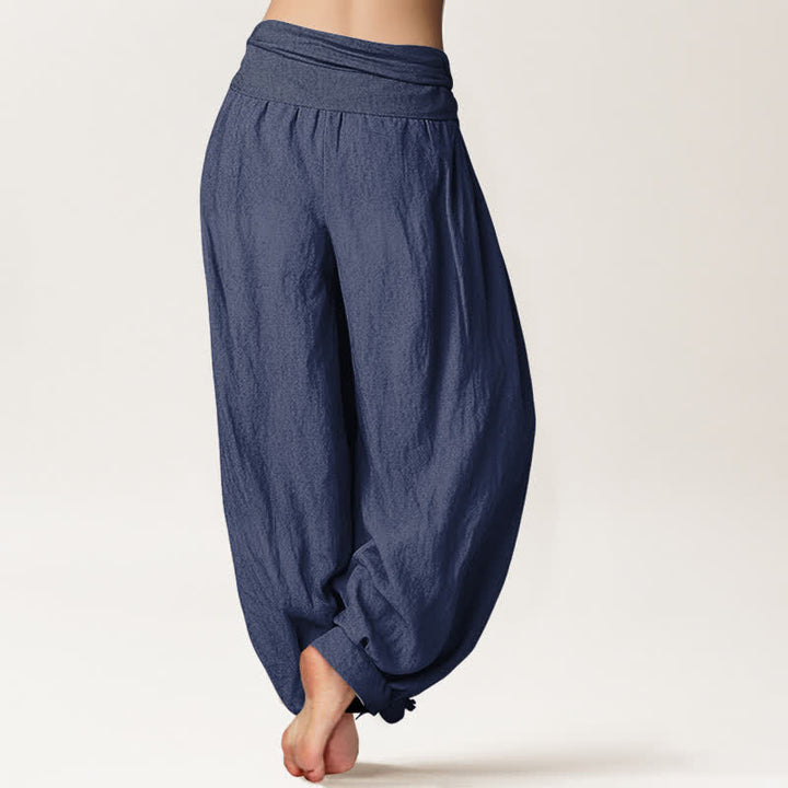 Buddha Stones Pantalones harem de mujer con cintura elástica y estampado de flor de loto, de algodón puro. - image 2