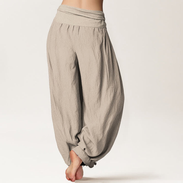 Buddha Stones Pantalones harem de mujer con cintura elástica y estampado de flor de loto, de algodón puro. - image 13