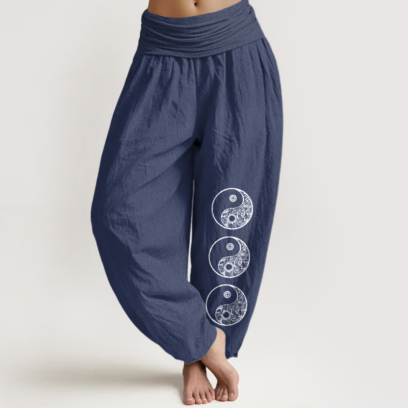 Buddha Stones Pantalones harem de algodón puro con estampado Yin Yang y cintura elástica para mujer. - Azul pizarra oscuro - US16，UK/AU20，EU48 (3XL) - image 5