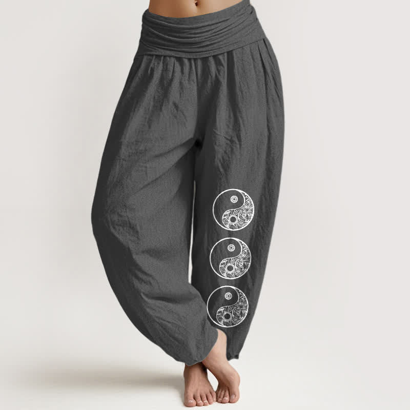 Buddha Stones Pantalones harem de algodón puro con estampado Yin Yang y cintura elástica para mujer. - Gris oscuro - US16，UK/AU20，EU48 (3XL) - image 8