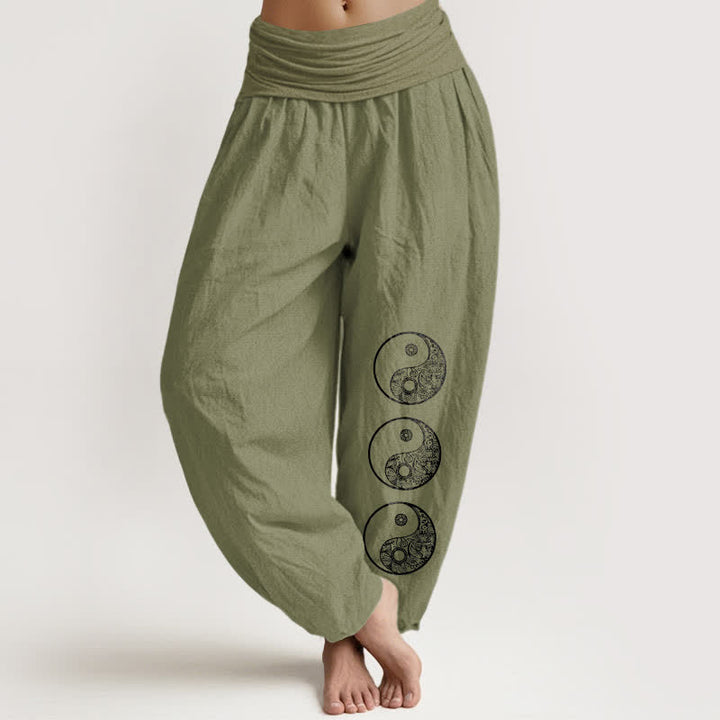 Buddha Stones Pantalones harem de algodón puro con estampado Yin Yang y cintura elástica para mujer. - Verde oliva - US16，UK/AU20，EU48 (3XL) - image 14