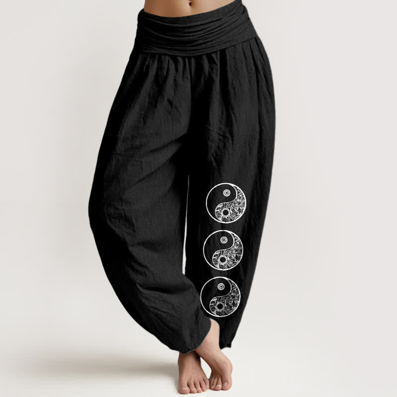 Buddha Stones Pantalones harem de algodón puro con estampado Yin Yang y cintura elástica para mujer. - Negro - US16，UK/AU20，EU48 (3XL) - image 0