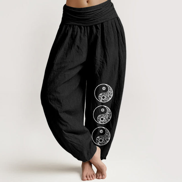 Buddha Stones Pantalones harem de algodón puro con estampado Yin Yang y cintura elástica para mujer. - Negro - US16，UK/AU20，EU48 (3XL) - image 0