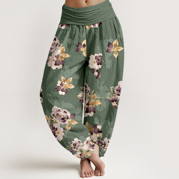 Buddha Stones Pantalones harem de algodón puro con estampado floral vintage y cintura elástica para mujer. - Verde oliva - US16，UK/AU20，EU48 (3XL) - image 0