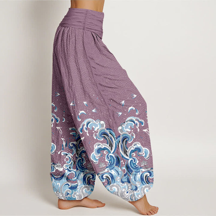 Buddha Stones Pantalones harem de algodón con estampado de olas azul océano y cintura elástica para mujer. - image 7