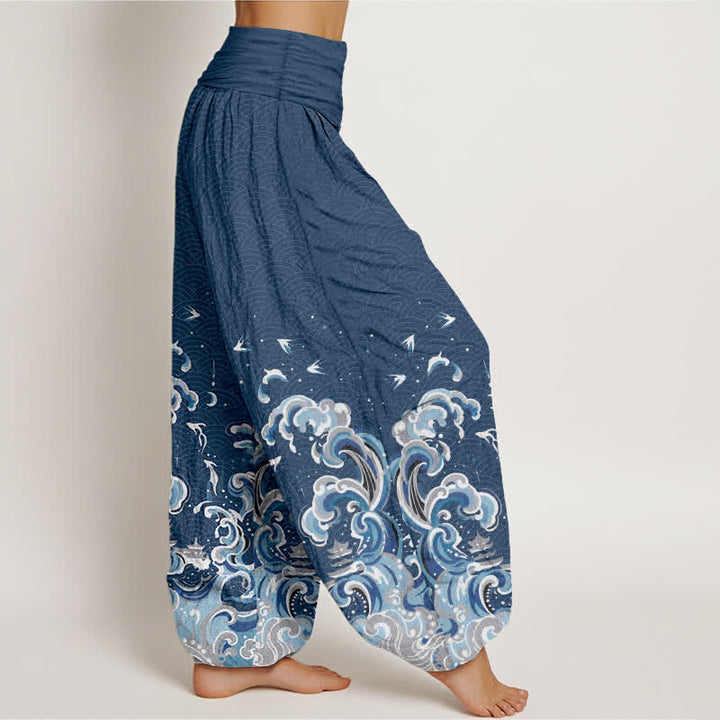 Buddha Stones Pantalones harem de algodón con estampado de olas azul océano y cintura elástica para mujer. - image 10