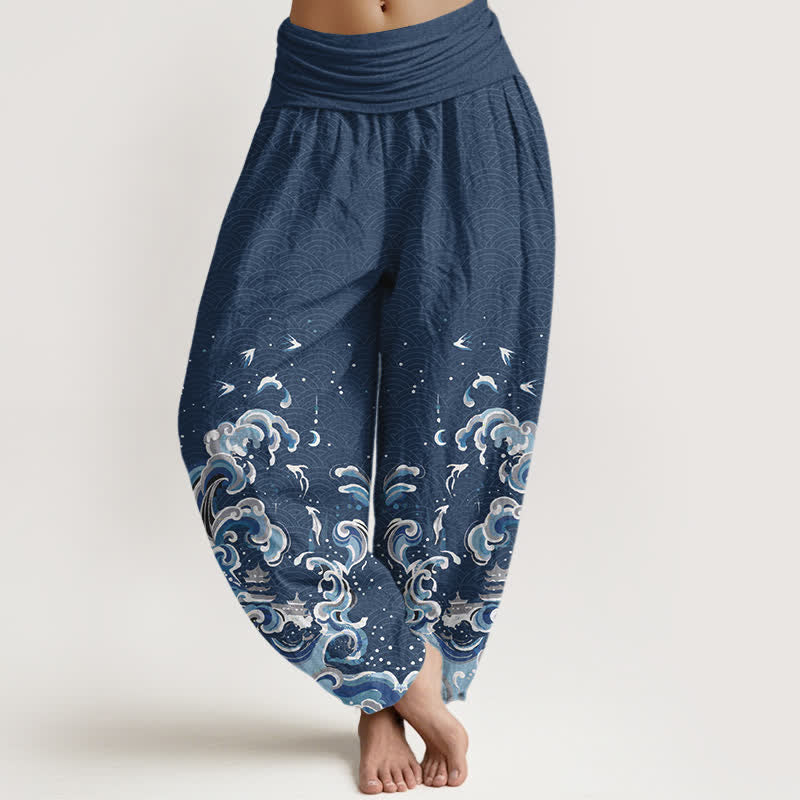 Buddha Stones Pantalones harem de algodón con estampado de olas azul océano y cintura elástica para mujer. - Azul acero - US16，UK/AU20，EU48 (3XL) - image 8
