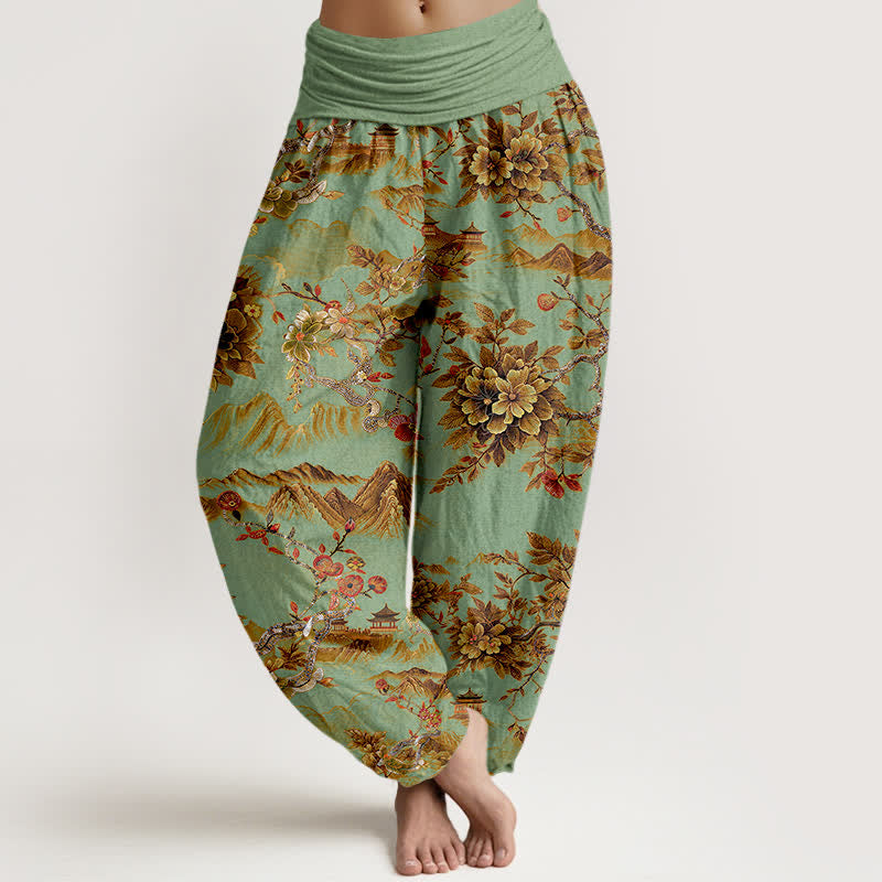 Buddha Stones Pantalones harem de algodón vintage con estampado floral en color marrón dorado oscuro y cintura elástica para mujer. - Verde claro - US16，UK/AU20，EU48 (3XL) - image 0