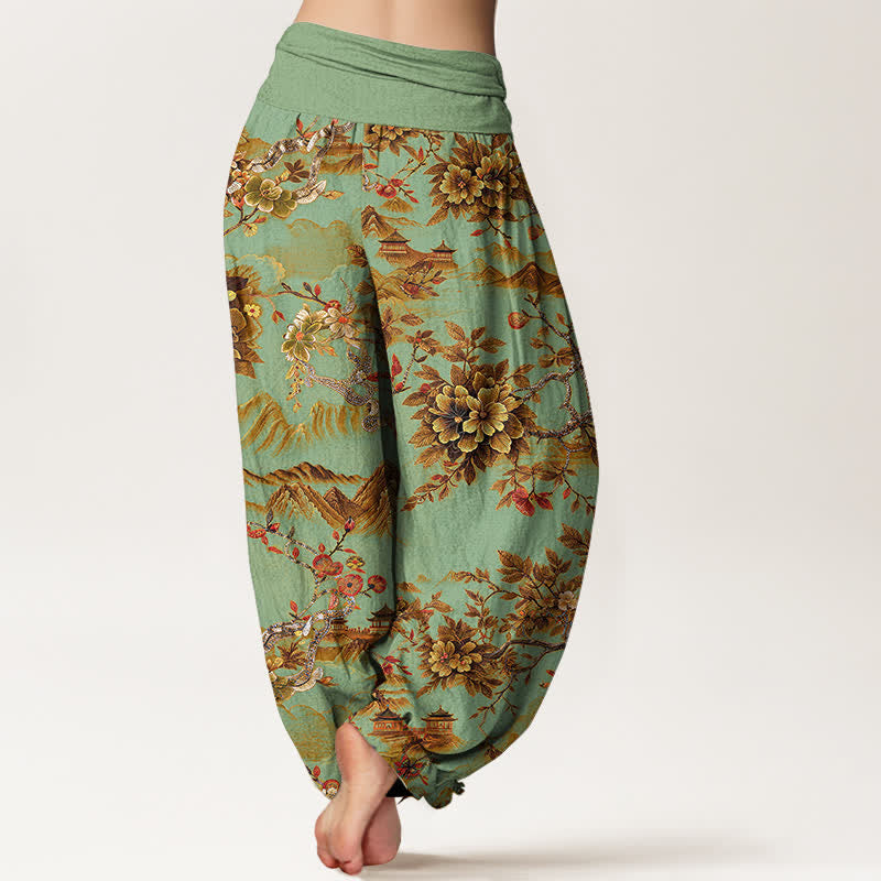Buddha Stones Pantalones harem de algodón vintage con estampado floral en color marrón dorado oscuro y cintura elástica para mujer. - image 1