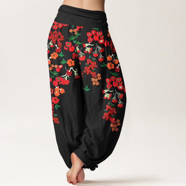 Buddha Stones Pantalones harem de algodón con estampado floral rojo estilo bohemio para mujer con cintura elástica. - image 1