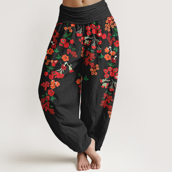 Buddha Stones Pantalones harem de algodón con estampado floral rojo estilo bohemio para mujer con cintura elástica. - Negro - US16，UK/AU20，EU48 (3XL) - image 0