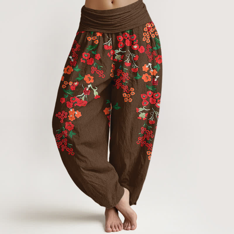 Buddha Stones Pantalones harem de algodón con estampado floral rojo estilo bohemio para mujer con cintura elástica. - Marrón silla de montar - US16，UK/AU20，EU48 (3XL) - image 5
