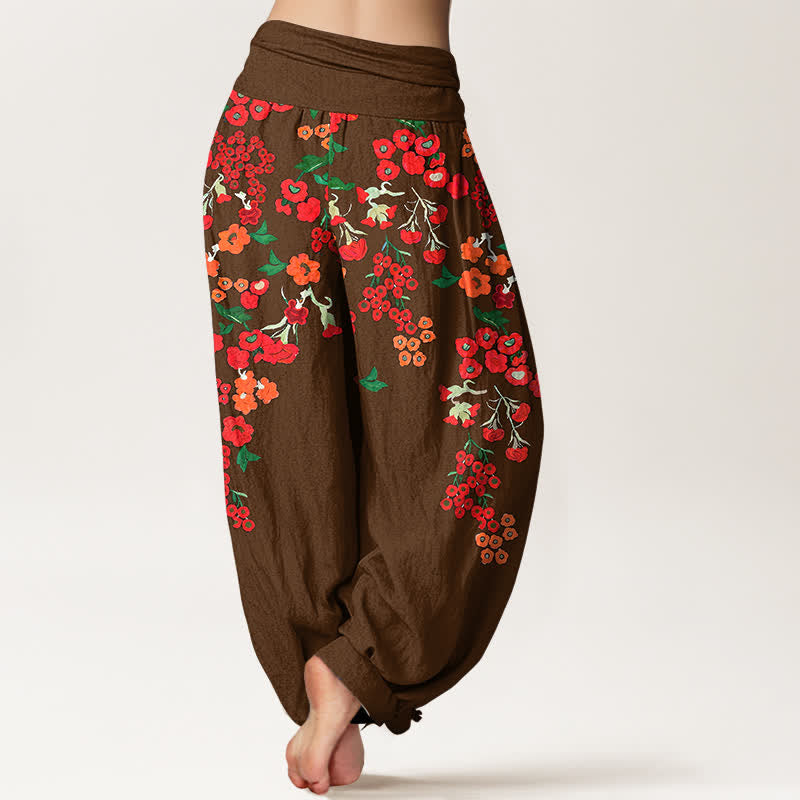 Buddha Stones Pantalones harem de algodón con estampado floral rojo estilo bohemio para mujer con cintura elástica. - image 6