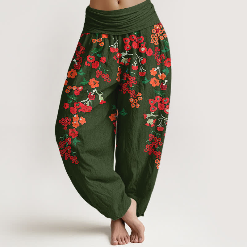 Buddha Stones Pantalones harem de algodón con estampado floral rojo estilo bohemio para mujer con cintura elástica. - Verde bosque - US16，UK/AU20，EU48 (3XL) - image 8
