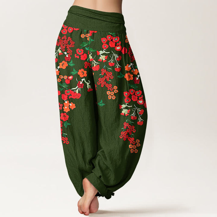 Buddha Stones Pantalones harem de algodón con estampado floral rojo estilo bohemio para mujer con cintura elástica. - image 9