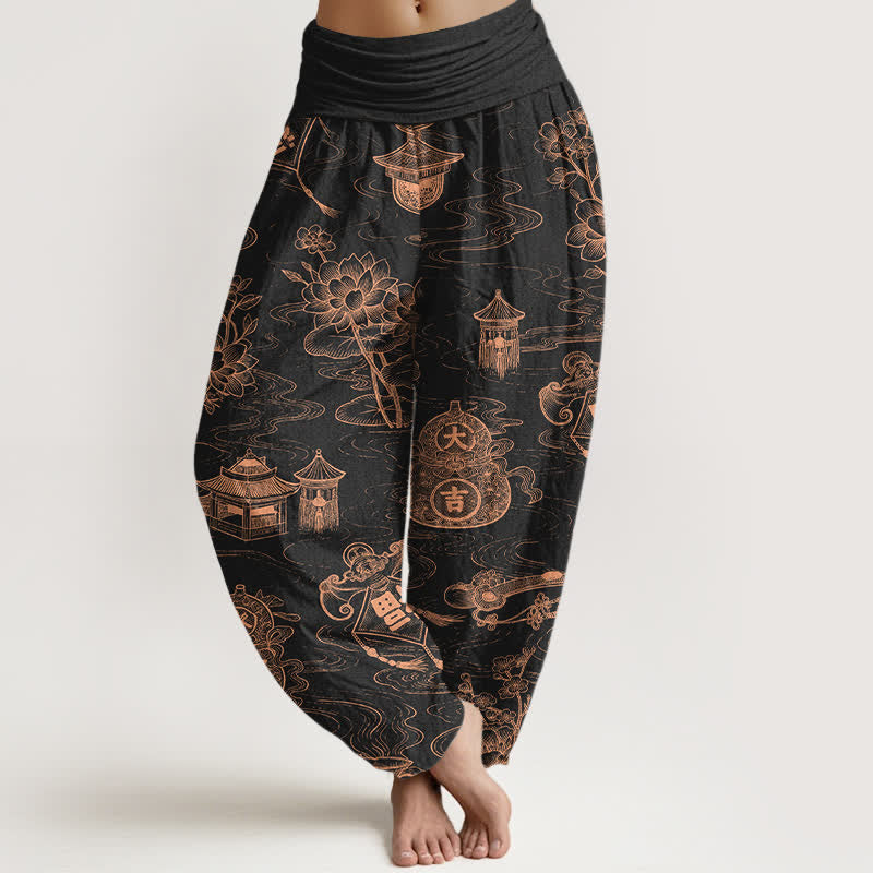 Buddha Stones Pantalones harem de mujer con cintura elástica y estampado de calabazas del Pabellón de Loto de Algodón - Negro - US16，UK/AU20，EU48 (3XL) - image 0