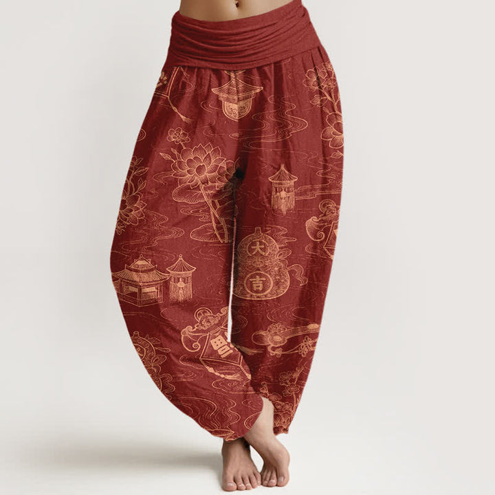 Buddha Stones Pantalones harem de mujer con cintura elástica y estampado de calabazas del Pabellón de Loto de Algodón - Ladrillo refractario - US16，UK/AU20，EU48 (3XL) - image 8