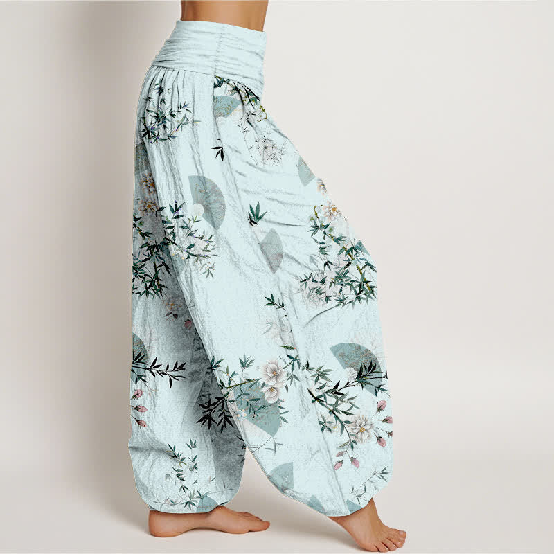Buddha Stones Pantalones harem de algodón con estampado de abanico de flores de bambú para mujer con cintura elástica. - image 2