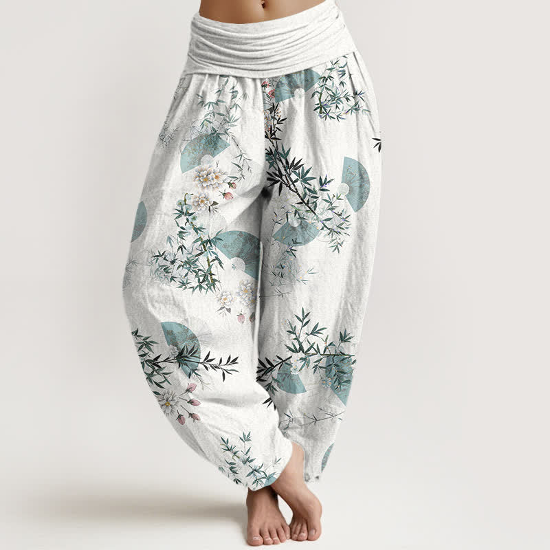 Buddha Stones Pantalones harem de algodón con estampado de abanico de flores de bambú para mujer con cintura elástica. - Blanco - US16，UK/AU20，EU48 (3XL) - image 5