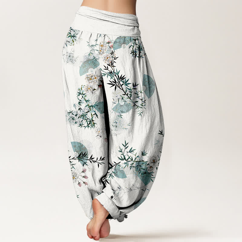 Buddha Stones Pantalones harem de algodón con estampado de abanico de flores de bambú para mujer con cintura elástica. - image 6