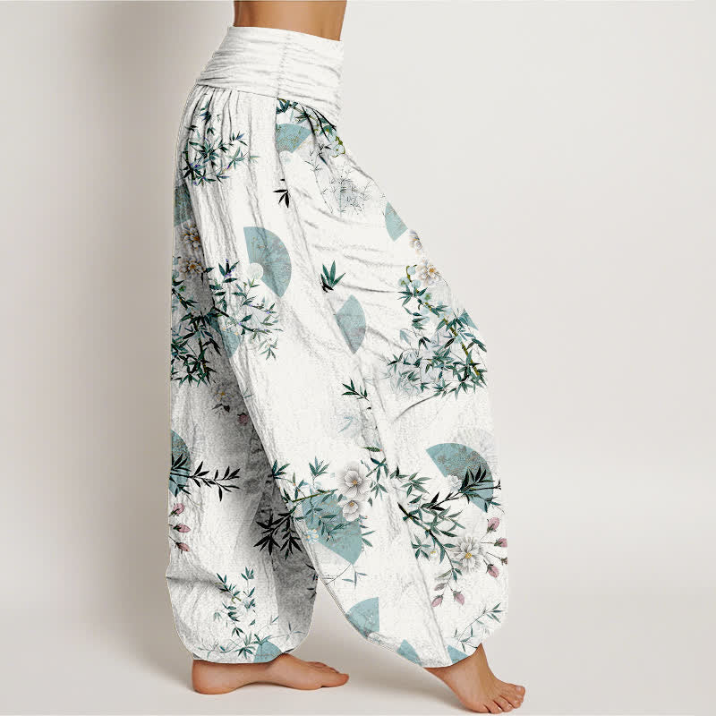 Buddha Stones Pantalones harem de algodón con estampado de abanico de flores de bambú para mujer con cintura elástica. - image 7
