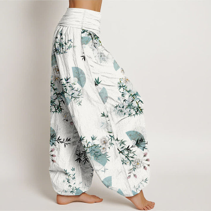 Buddha Stones Pantalones harem de algodón con estampado de abanico de flores de bambú para mujer con cintura elástica. - image 7