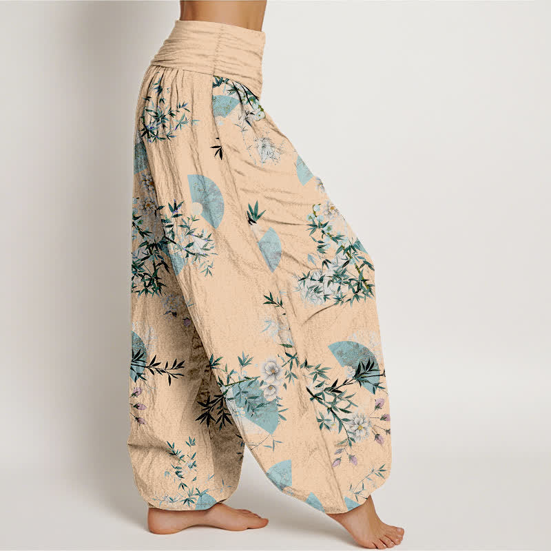 Buddha Stones Pantalones harem de algodón con estampado de abanico de flores de bambú para mujer con cintura elástica. - image 10