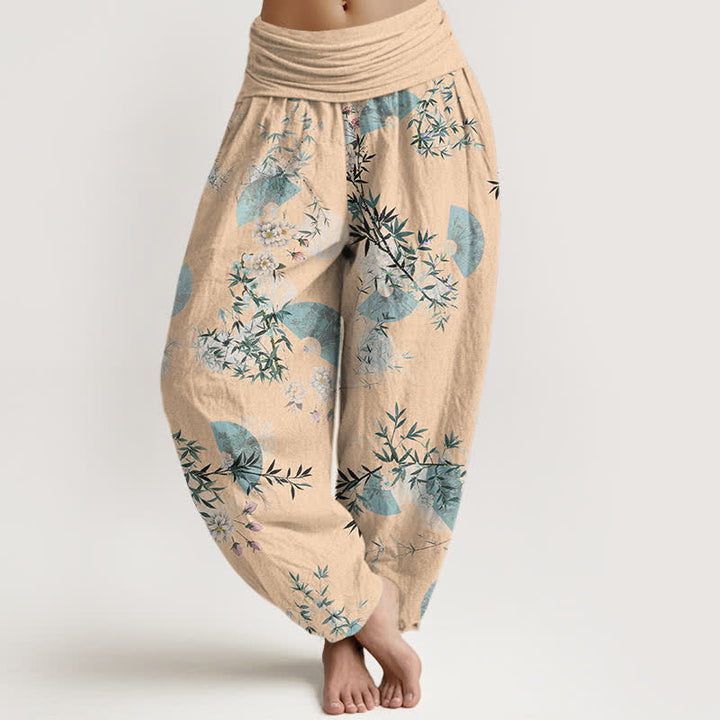 Buddha Stones Pantalones harem de algodón con estampado de abanico de flores de bambú para mujer con cintura elástica. - PeachPuff - US16，UK/AU20，EU48 (3XL) - image 8