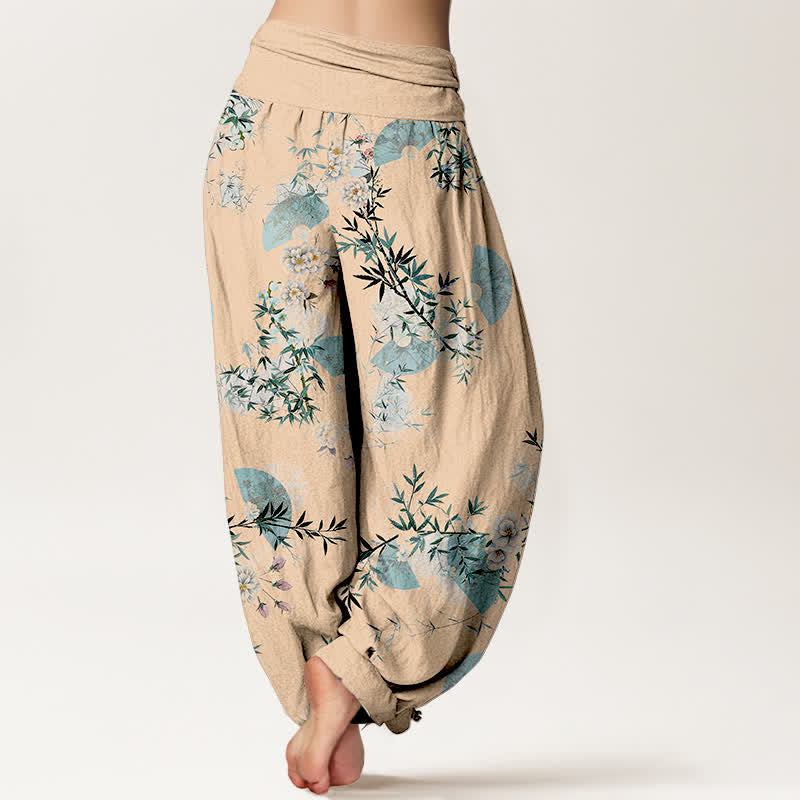 Buddha Stones Pantalones harem de algodón con estampado de abanico de flores de bambú para mujer con cintura elástica. - image 9
