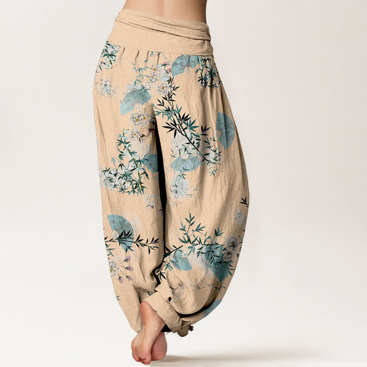 Buddha Stones Pantalones harem de algodón con estampado de abanico de flores de bambú para mujer con cintura elástica. - image 9