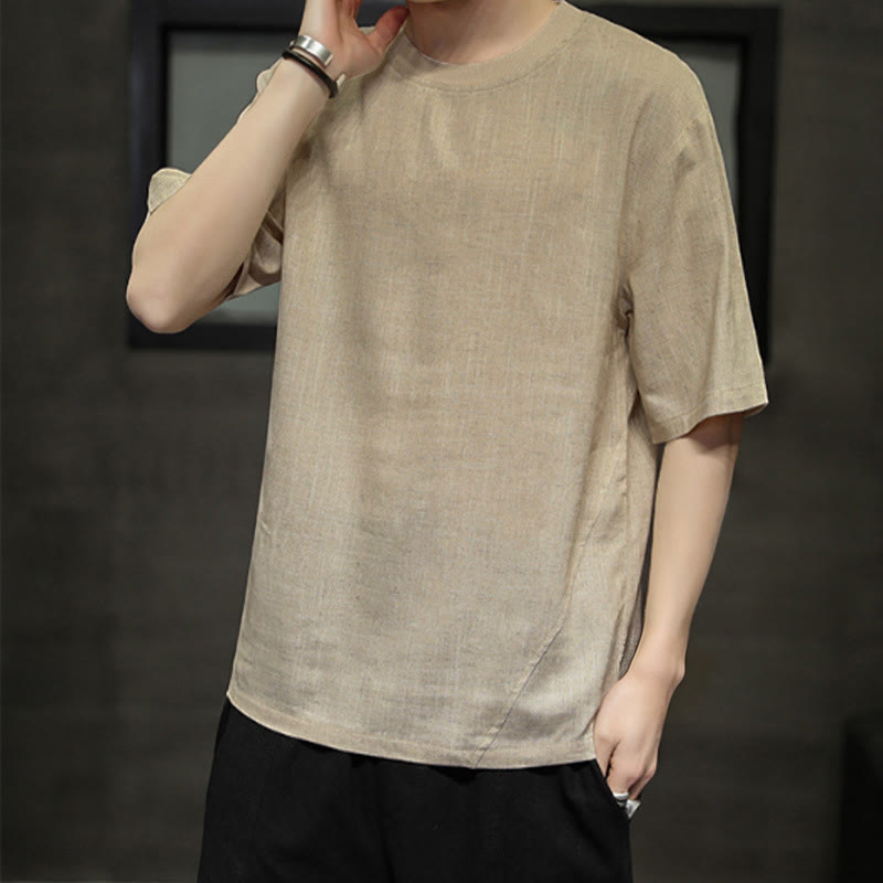 Buddha Stones Camisetas de manga corta de lino para hombre, estilo casual de verano, minimalistas, con cuello redondo y color liso. - image 1