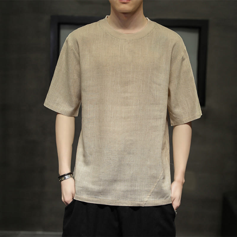 Buddha Stones Camisetas de manga corta de lino para hombre, estilo casual de verano, minimalistas, con cuello redondo y color liso. - Broncearse - US/UK/AU46, EU56 (5XL) - image 0