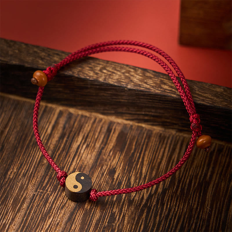 Buddha Stones Pulsera de hilo colorida con símbolo Yin Yang de ébano y paz - Rojo (circunferencia de la muñeca: 13-20 cm) - image 0