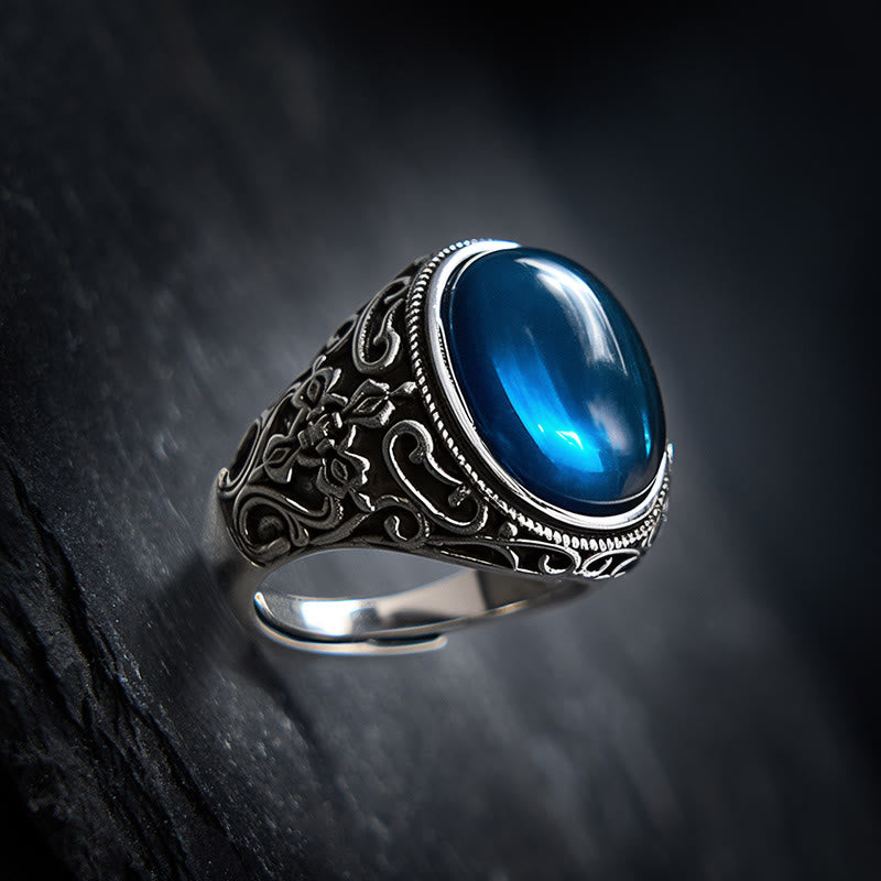 Buddha Stones Anillo ajustable de calcedonia azul y cobre con el símbolo del optimismo. - image 1