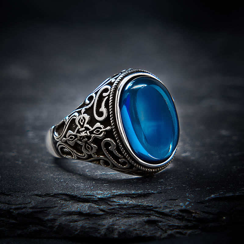 Buddha Stones Anillo ajustable de calcedonia azul y cobre con el símbolo del optimismo. - Calcedonia azul (Comunicación ♥ Resistencia) - image 0