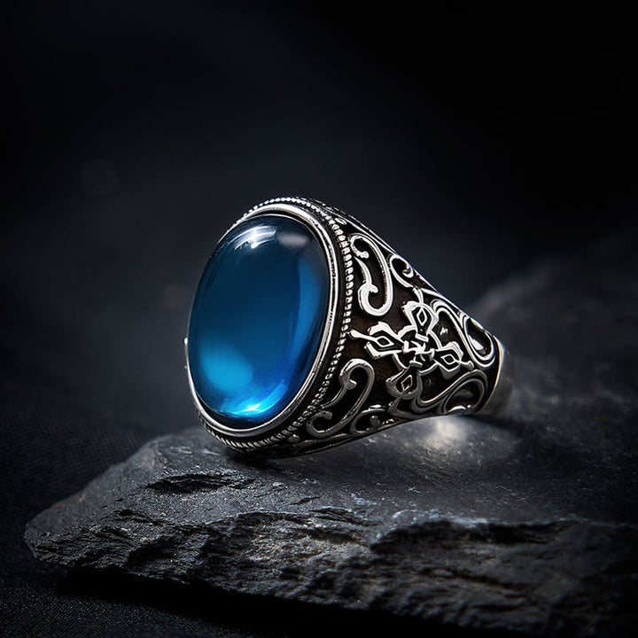 Buddha Stones Anillo ajustable de calcedonia azul y cobre con el símbolo del optimismo. - image 2