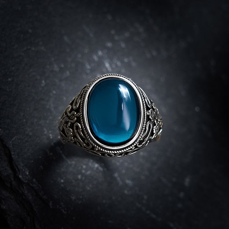 Buddha Stones Anillo ajustable de calcedonia azul y cobre con el símbolo del optimismo. - image 3
