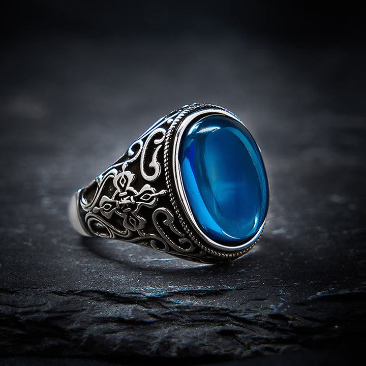 Buddha Stones Anillo ajustable de calcedonia azul y cobre con el símbolo del optimismo. - Calcedonia azul (Comunicación ♥ Resistencia) - image 0