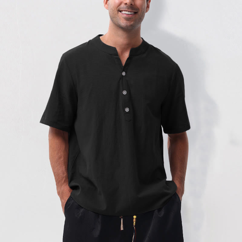 Buddha Stones Camisa de manga corta para hombre, estilo casual de verano, con cuello mandarín, botones laterales y confeccionada en algodón y lino. - Negro - US/UK/AU50, EU60 (5XL) - image 12