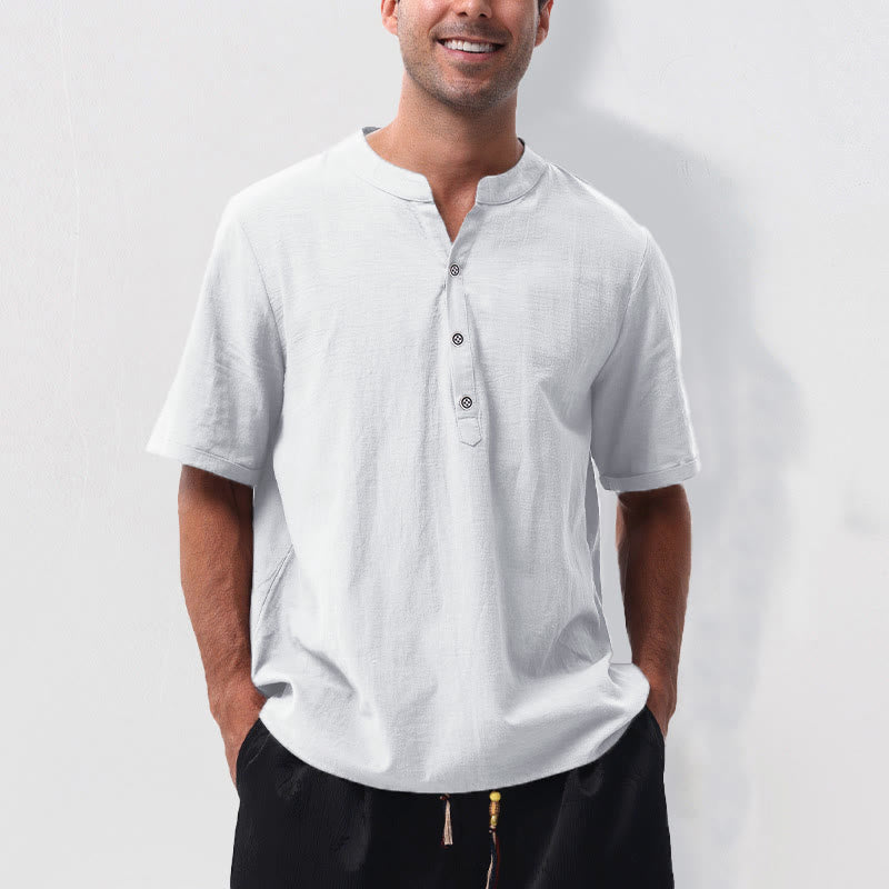 Buddha Stones Camisa de manga corta para hombre, estilo casual de verano, con cuello mandarín, botones laterales y confeccionada en algodón y lino. - Blanco - US/UK/AU50, EU60 (5XL) - image 20