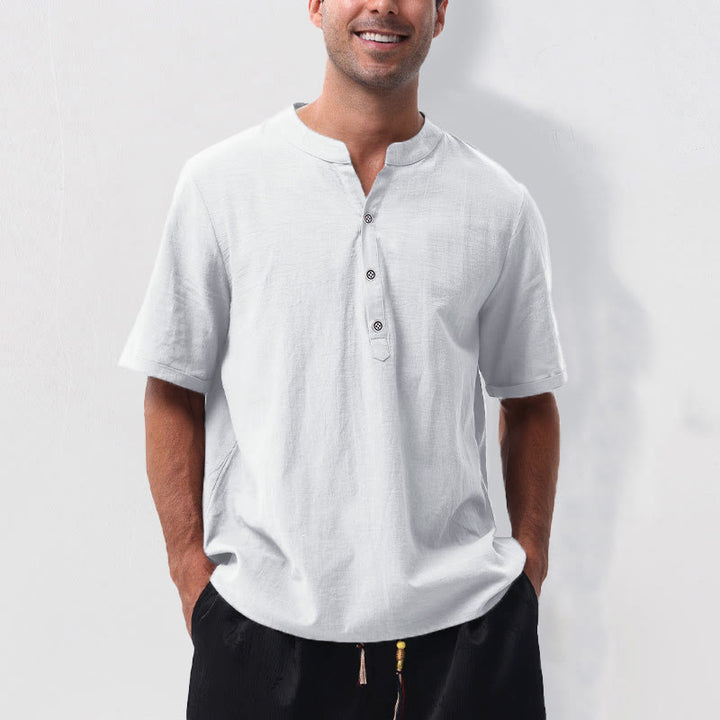 Buddha Stones Camisa de manga corta para hombre, estilo casual de verano, con cuello mandarín, botones laterales y confeccionada en algodón y lino. - Blanco - US/UK/AU50, EU60 (5XL) - image 20
