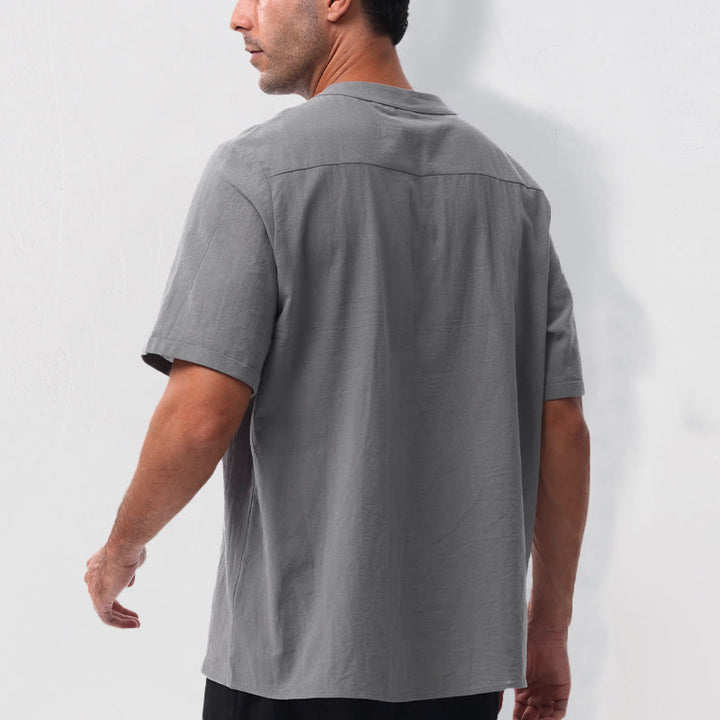 Buddha Stones Camisa de manga corta para hombre, estilo casual de verano, con cuello mandarín, botones laterales y confeccionada en algodón y lino. - image 3