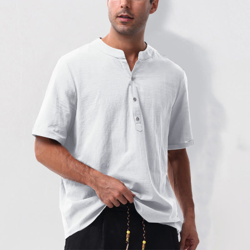 Buddha Stones Camisa de manga corta para hombre, estilo casual de verano, con cuello mandarín, botones laterales y confeccionada en algodón y lino. - image 21